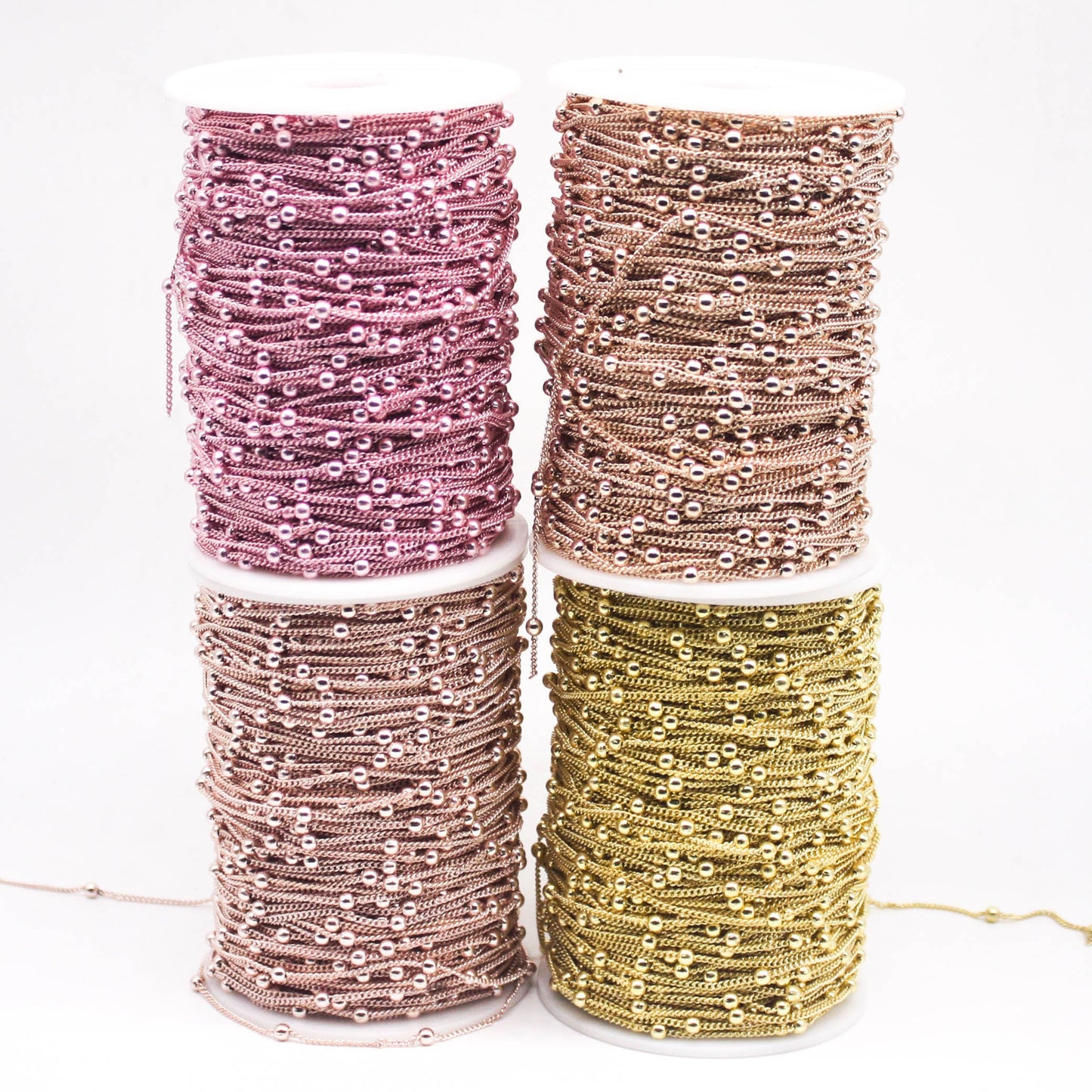 3 Ft Non Tarnish Satellite Curb Chain Pink/Bright Copper Plated - 1.6mm Curb 3.5mm Large Beads - Anti Tarnish Free Chain - AT1.6SATBB