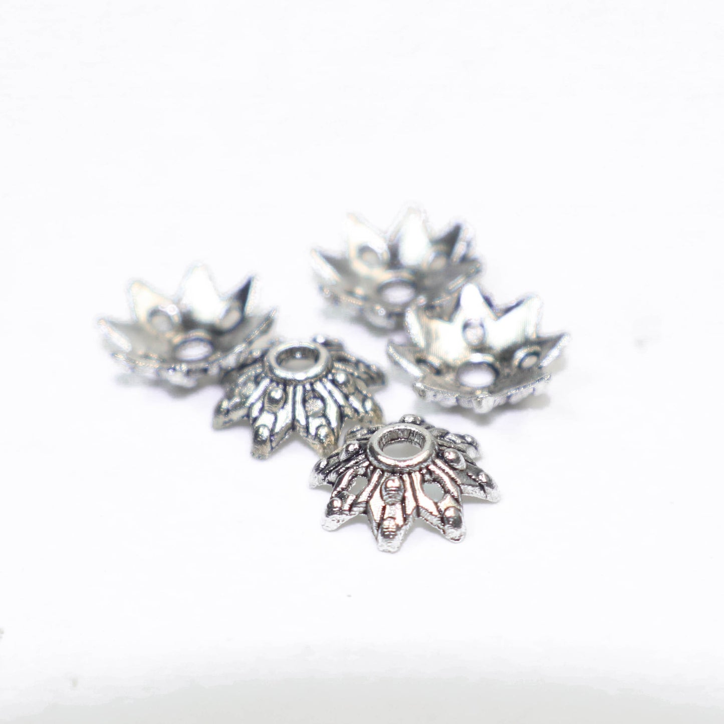 50 Bead Caps - 9mm Width - Antique Silver Alloy Leaf Flower Bead Cap