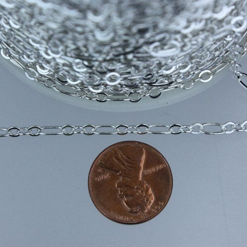 Sterling Silver Plated Bulk, 100 ft of ( 3 and 1 ) Long and Short Chain Flat Cable Chain Necklace Chain 6.3 N 4mm - SOLDERED 3429LS31