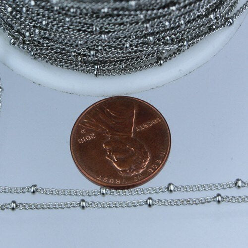 100 ft spool of Antique Silver Rhodium Plated SATELLITE Dainty Delicate curb BALL chain - 1.3mm soldered link - 1.3SAT