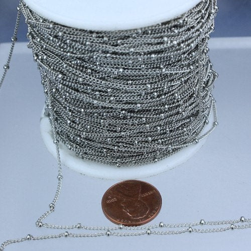 32 ft spool of Antique Silver Finished Rhodium Plated Dainty Delicate curb ball chain - 1.3mm soldered link - 1.3SAT