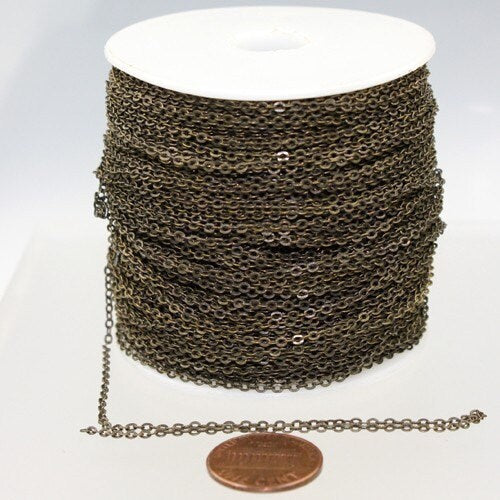 32 ft Antique Bronze Chain - 2.4x1.7mm SOLDER Chain - Antique Brass little Oval Flat Soldered Cable Chain - Bulk Wholesale Chain - 2417F