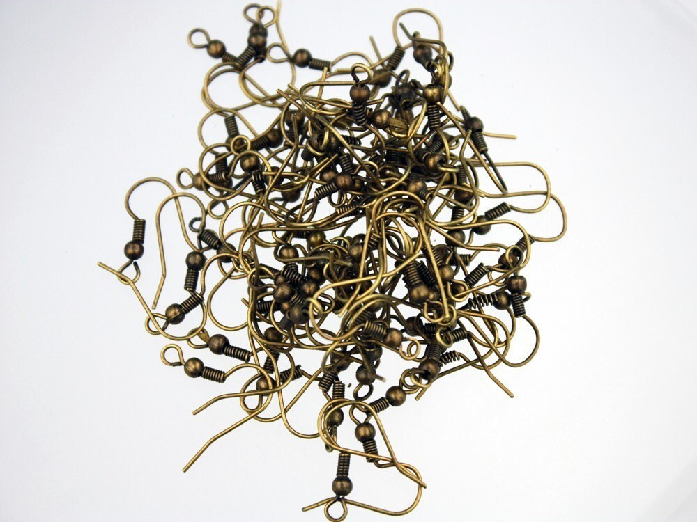 SALE Sale 100 pcs of Antique brass fish Hook with spring and ball Earwire - 19X17mm