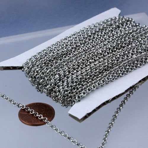 Rhodium Plated Rolo Chain bulk, 12 ft of Antique Silver Rolo Cable Chain 2.5mm - Unsoldered Links - 25ROLO