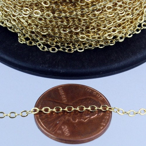 100 ft Gold Plated Chain - 2.4x1.7mm SOLDER Cable Chain - little Oval Flat Soldered Cable Chain - Bulk Dainty Delicate Chain - 2417F