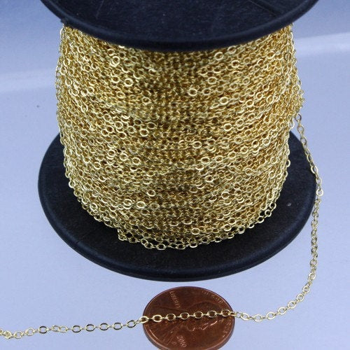 100 ft Gold Plated Chain - 2.4x1.7mm SOLDER Cable Chain - little Oval Flat Soldered Cable Chain - Bulk Dainty Delicate Chain - 2417F
