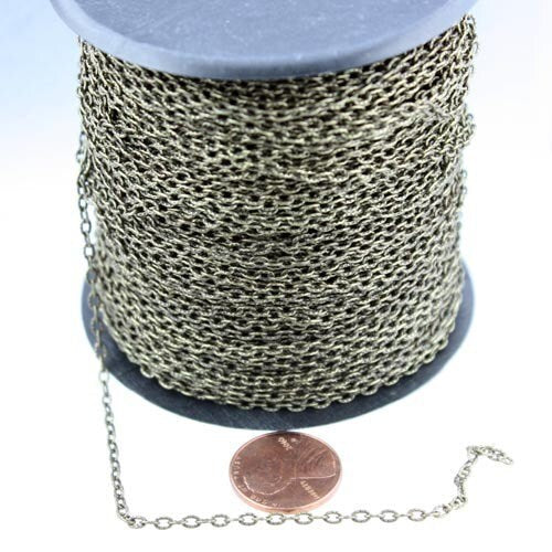 Antique Bronze Texture Chain Bulk, 100 Ft. of Antique Brass Flat Texture Oval Chunky Cable Chain - 3x2mm Unsoldered - 32TEX