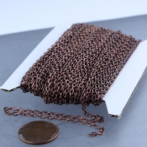 Antique Copper Chain bulk Chain, 32 ft spool of Antique Copper Plated Oval Round cable chain - 3x2.2mm - unsoldered link - 322CA
