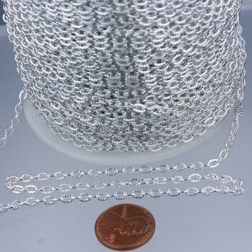 Rhodium Plated Texture Chain Bulk, 50 ft. of Antique Silver Flat Texture Oval Chunky Cable Chain - 4x3mm Unsoldered- Necklace Bracelet Chain
