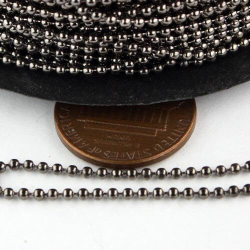 32ft spool of Gunmetal plated ball chain - 1.5mm with 10 pcs of Connectors (crimp) - 15BALL