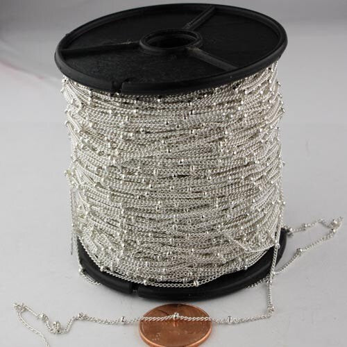10 ft spool of Silver Finished over brass Dainty Delicate curb ball chain - 1.3mm soldered link - 1.3SAT
