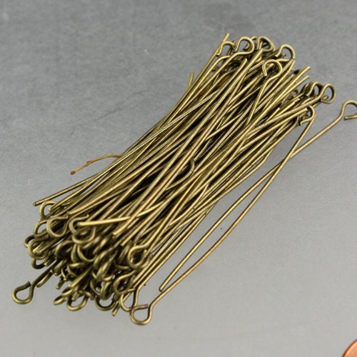 300 Antiqued Brass Eyepins Bronze Eye Pins Eye Headpins - 2 inch (50mm) 21 Gauge 21G