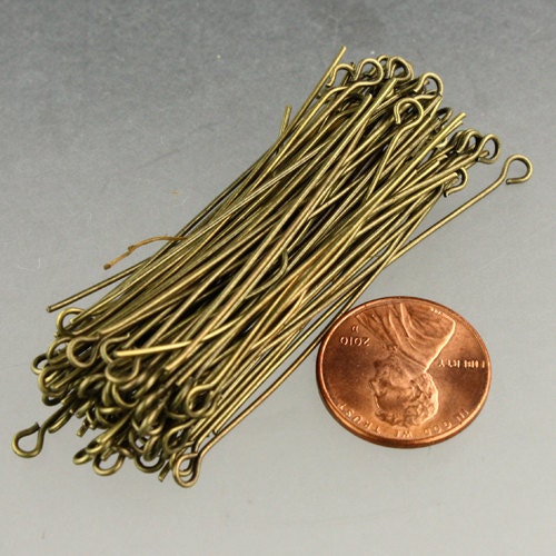 300 Antiqued Brass Eyepins Bronze Eye Pins Eye Headpins - 2 inch (50mm) 21 Gauge 21G