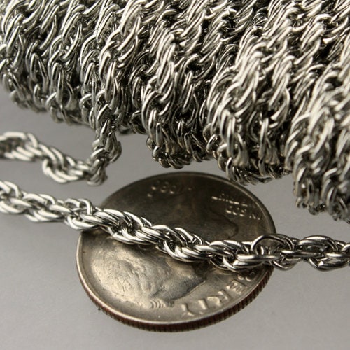 10 ft of Rhodium Plated Rope Chain Necklace - 3.9x3.0mm Link - Chain Thickness 2.7mm