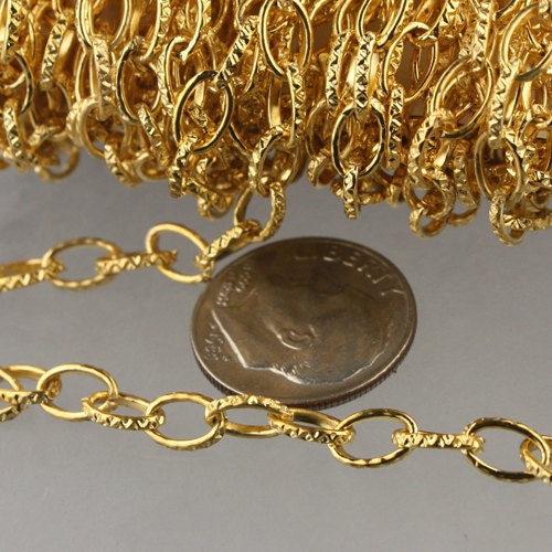 STRONg 19G New - 32 feet of Gold Plated Texture Drawn Cable Chain - 6.3x3.5mm Unsoldered Link - 6335DR-EX