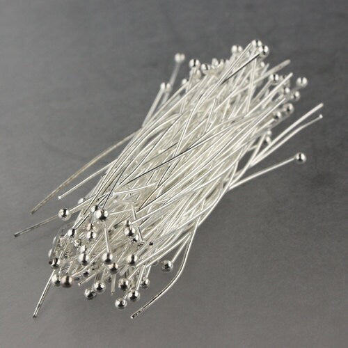 100 Sterling Silver Plated Ball headpins Head Pins - 2 inches (50mm), 22 Gauge 22G 2.0mm Hard Body