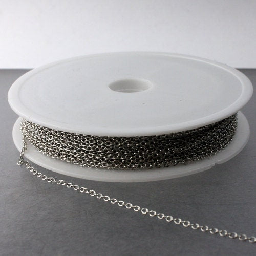 Rhodium Plated Chain Bulk Chain, 32 ft of Tiny Antique Silver Chain Cable - 2.0x1.4mm SOLDERED Chain Necklace Dainty Delicate Chain - 2014S