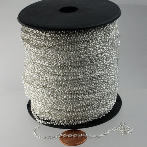 100 ft spool of Silver Plated Round cable chain - 3.0x2.1mm - Sturdy Unsoldered link - 3021CA