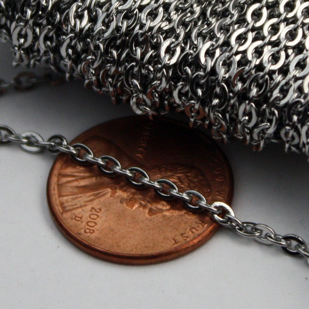 Stainless Steel chain bulk, 100 ft of Surgical Stainless Steel Small Soldered Sturdy FLAT cable chain - 3.1x2.0mm SOLDERED Link