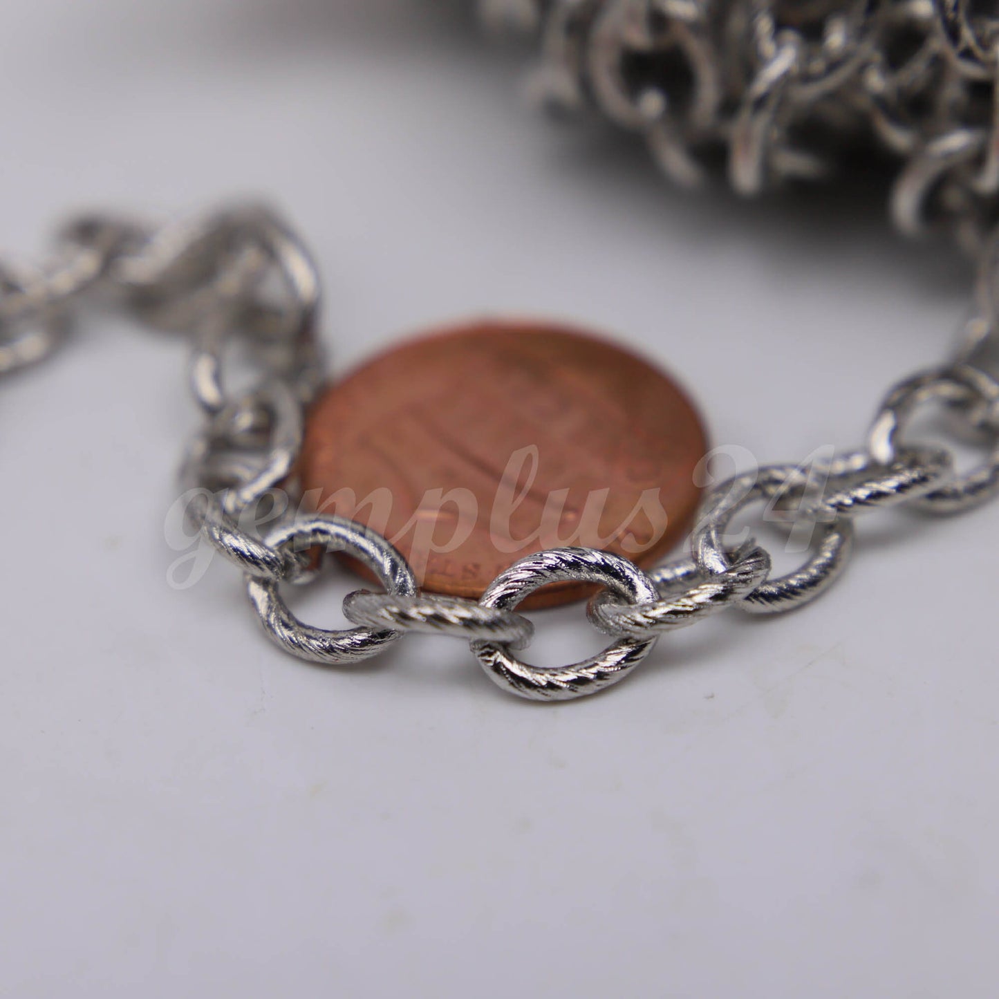 5 ft of rhodium plated oval texture cable chain - 8x7mm - white gold color - Unsoldered - 8070TX