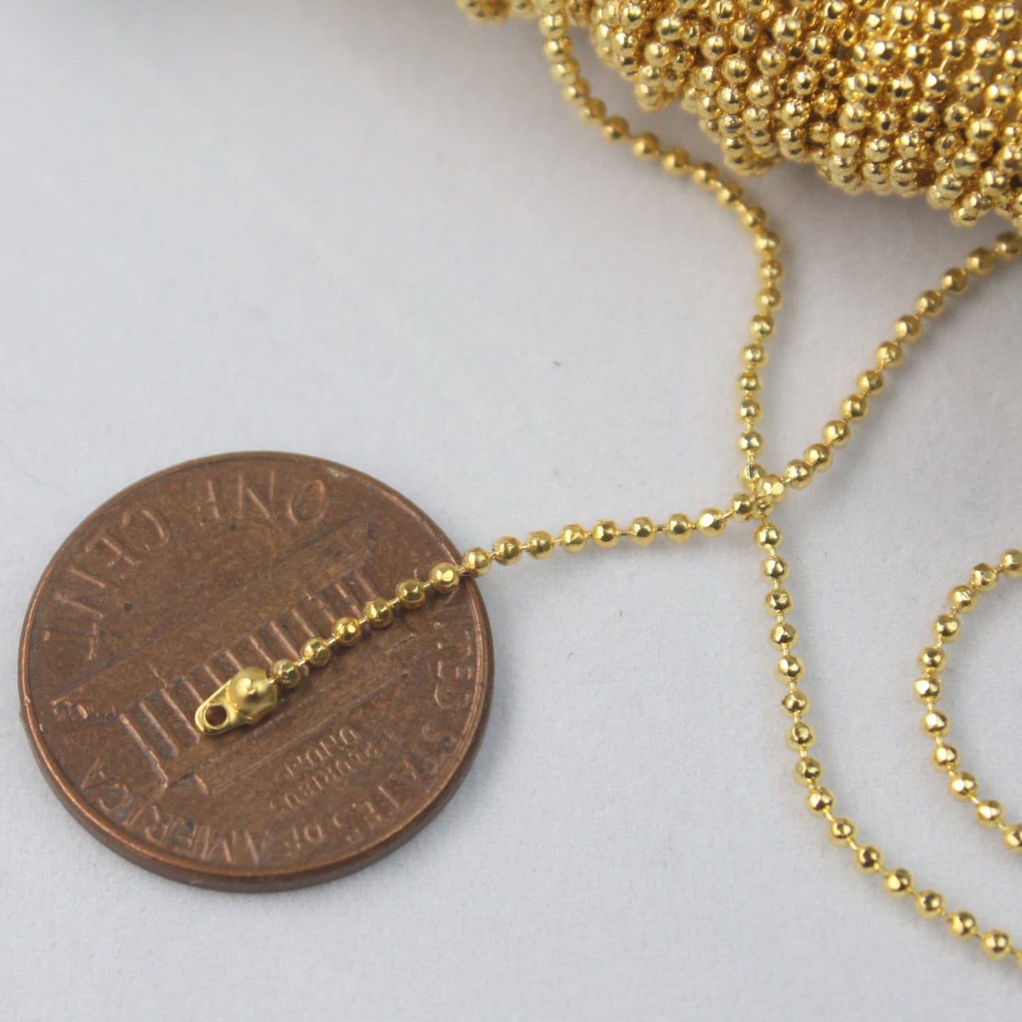 Gold Plated Ball Chain Bulk, 10 ft. spool of FACET micro ball chain - 1.2mm ball w/ FREE 10 connectors - Crimp - 12DC