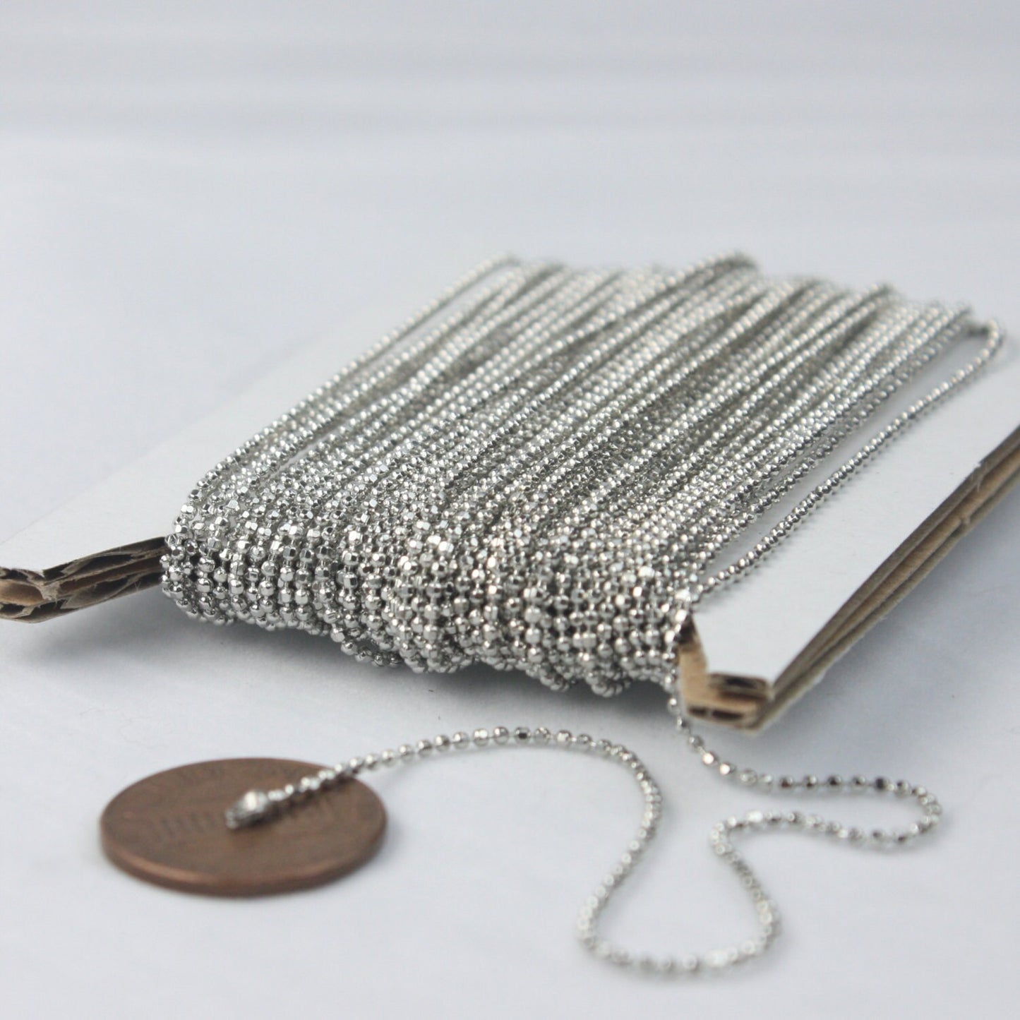 Rhodium Plated Ball Chain Bulk, 100 ft. spool of FACET micro ball chain - 1.2mm ball w/ FREE 100 connectors (Crimp) - 12DC