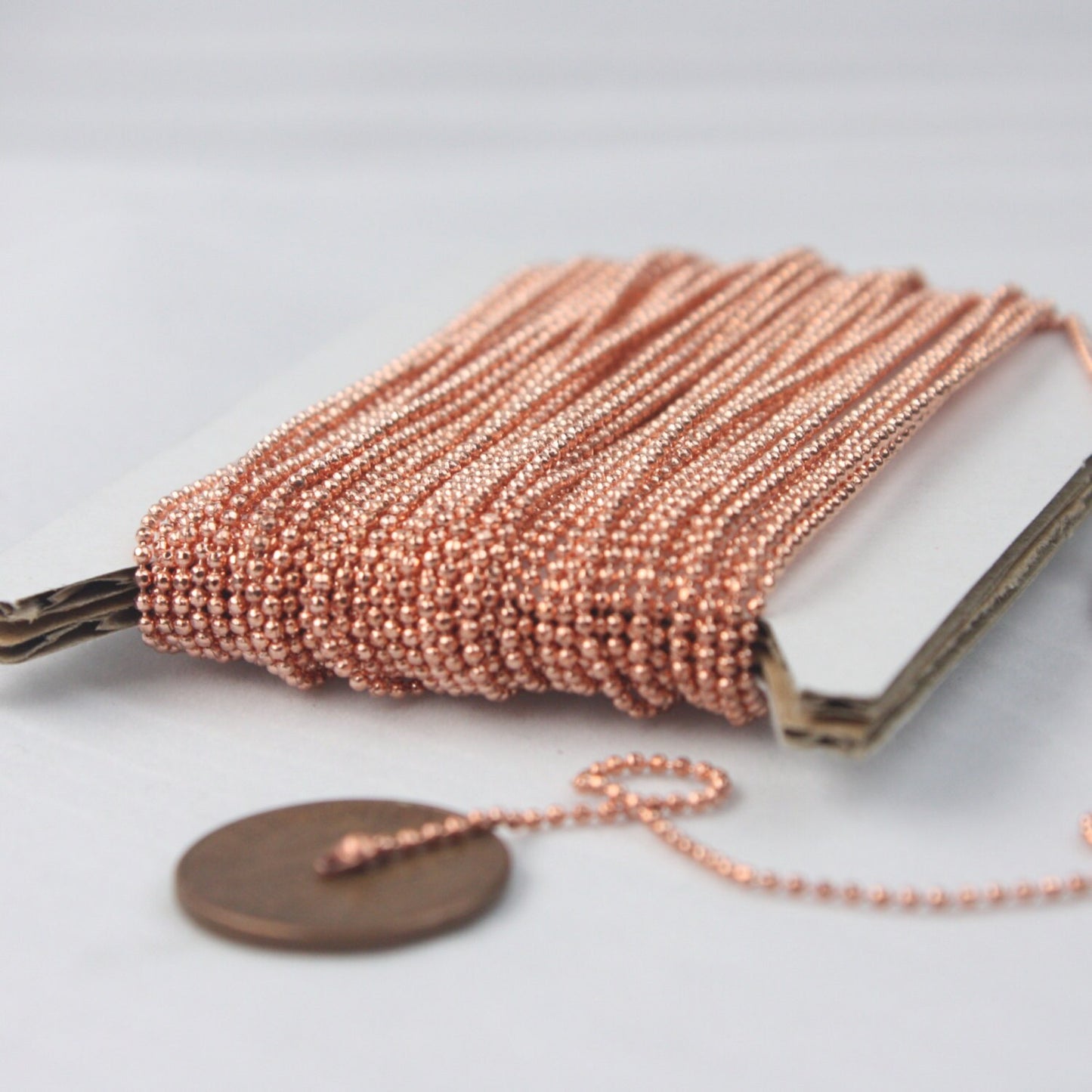 Copper Ball Chain Bulk, 10 ft. spool of FACET micro ball chain - 1.2mm ball w/ FREE 10 connectors (Crimp) - 12DC