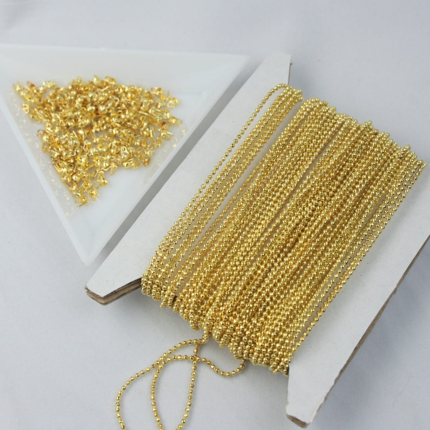 Gold Plated Ball Chain Bulk, 10 ft. spool of FACET micro ball chain - 1.2mm ball w/ FREE 10 connectors - Crimp - 12DC