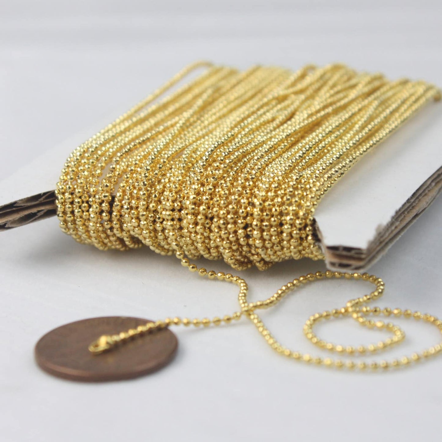 Gold Plated Ball Chain Bulk, 10 ft. spool of FACET micro ball chain - 1.2mm ball w/ FREE 10 connectors - Crimp - 12DC