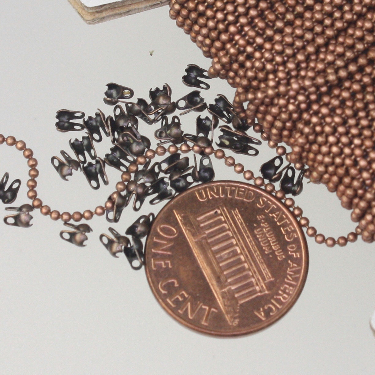 100pcs of Antique Copper Plated ball chain connector for ONLY 1.2mm chain (Crimp type)-shp from CA USA