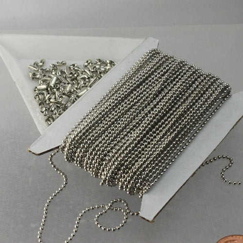 100 ft. spool of Rhodium Plated ROUND ball chain - 1.5mm ball size with 100 pcs of Connectors(Insert) - 15BALL