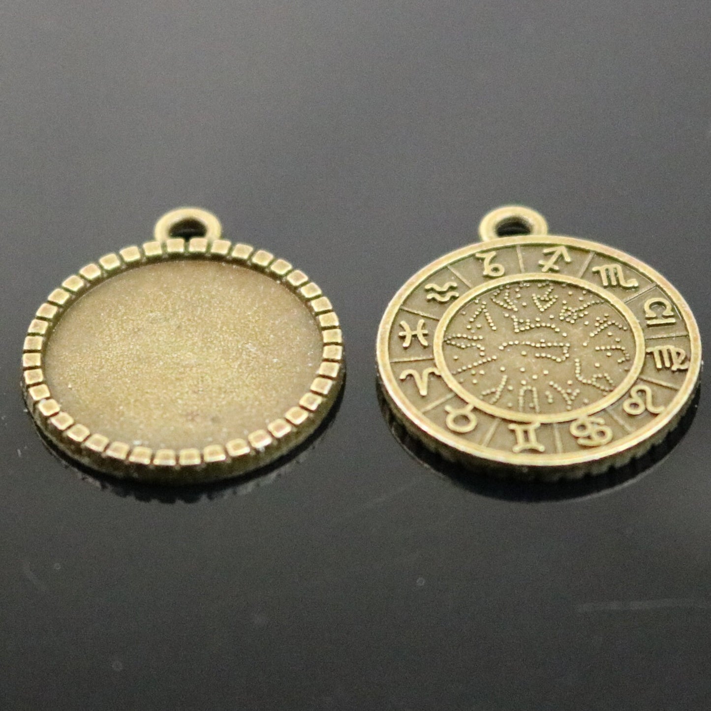 12 Zodiac Sign Pendant BEZELS with GLASS Magnifying Domes Cabochon - 5 sets 10 pcs - 16mm 5/8 inch Antique Brass Bezel and Circle Domed