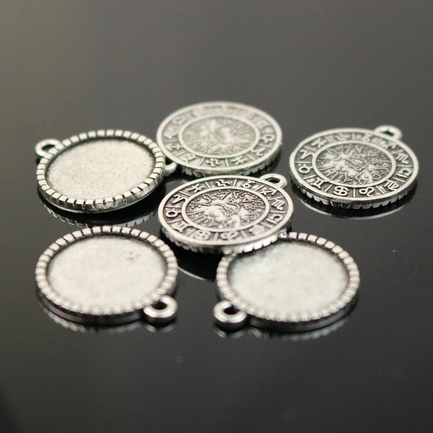 12 Zodiac Sign Pendant BEZELS with GLASS Magnifying Domes Cabochon - 5 sets 10 pcs - 16mm 5/8 inch Antique Silver Bezel and Circle Domed