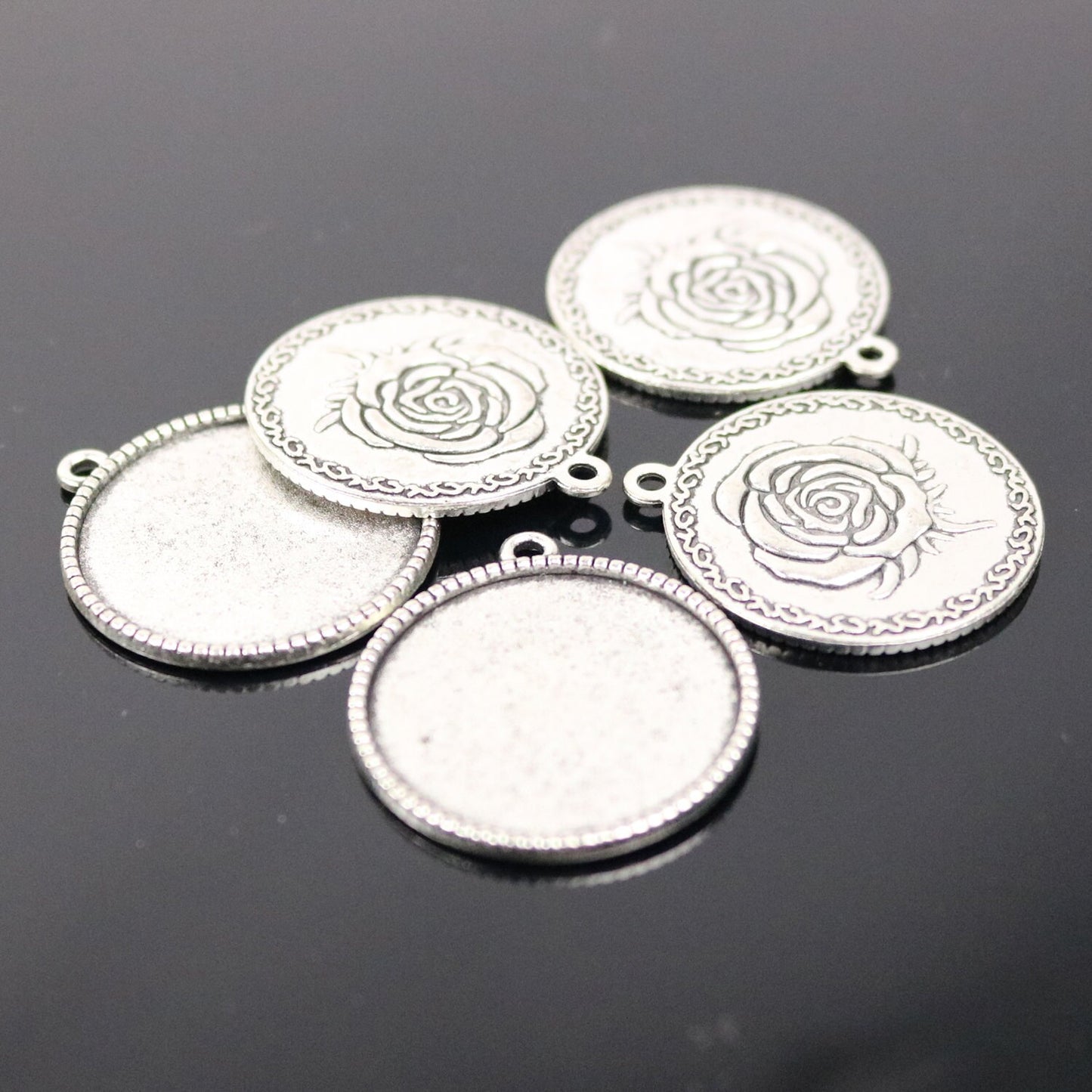 Pendant ROSE Bezels with GLASS Magnifying Domes Cabochon - 5 sets 10 pcs - 25mm 1(one) inch Antique Silver Bezel and Circle Glass Cabochon
