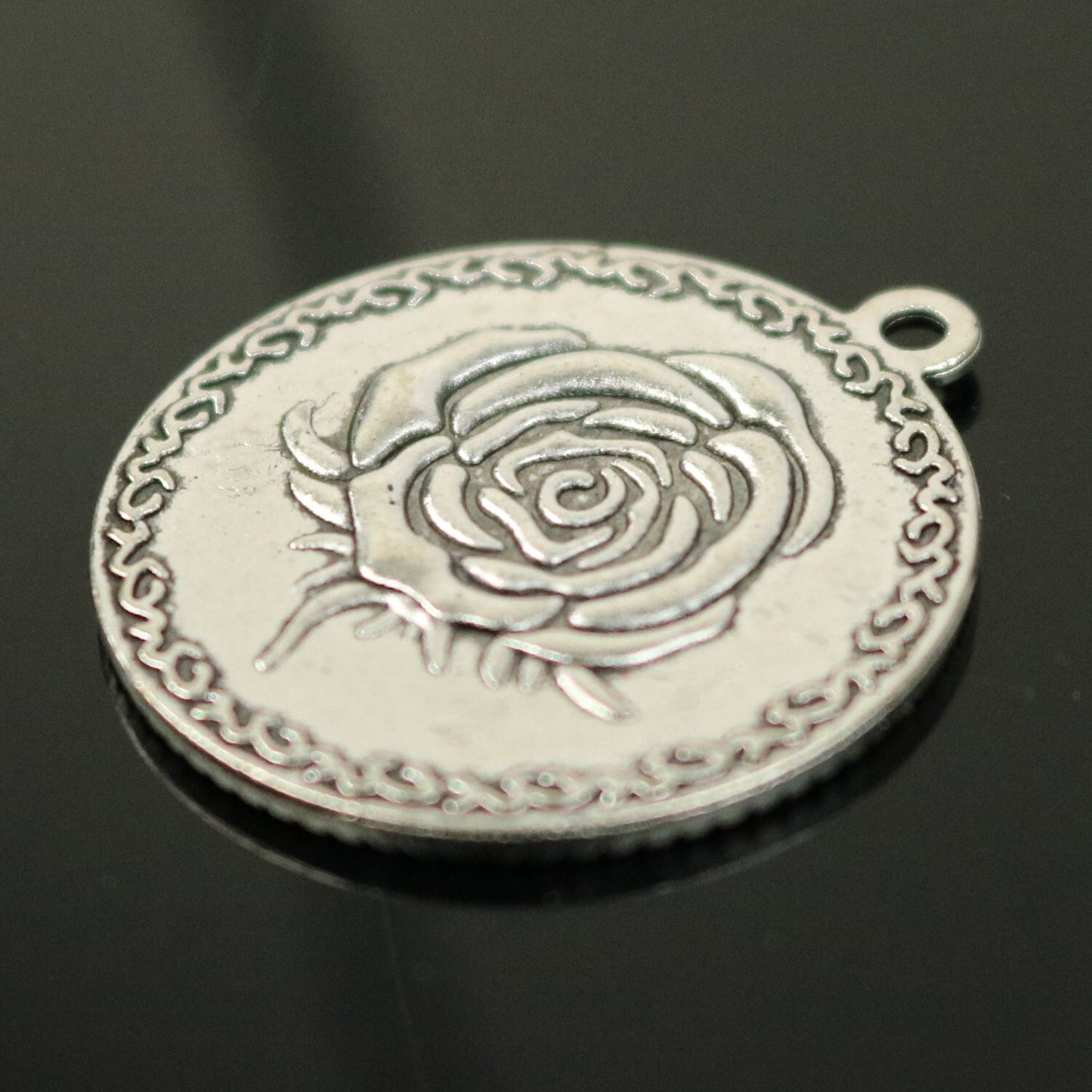 Pendant ROSE Bezels with GLASS Magnifying Domes Cabochon - 5 sets 10 pcs - 25mm 1(one) inch Antique Silver Bezel and Circle Glass Cabochon