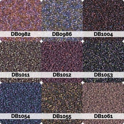 nine different piles of beads, each with a unique color and pattern. The piles are labeled with numbers, indicating the specific bead type and color.