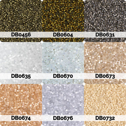 nine different colored beads or grains, each with a unique label, arranged in a 3x3 grid.