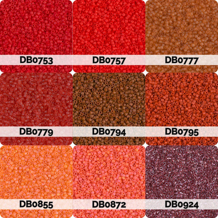 nine different colored bead samples, each with a unique color and pattern. The colors include red, orange, brown, and purple. The samples are arranged in a 3x3 grid, with each row containing three beads. The labels for the beads are provided, but they are not repeated across the images.