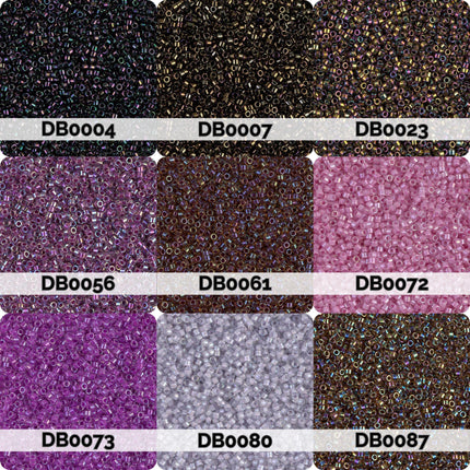 nine different colored beads or grains, each with a unique label, arranged in a 3x3 grid.