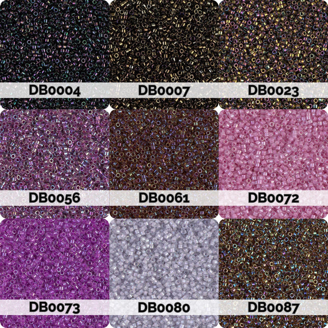 nine different colored beads or grains, each with a unique label, arranged in a 3x3 grid.