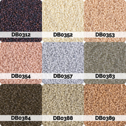 nine different colored beads or grains, each with a unique label, arranged in a 3x3 grid.