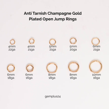 Anti Tarnish Champagne Gold Plated Open Jump Rings, Multiple Sizes, Bulk Wholesale
