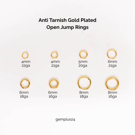 Anti Tarnish Gold Plated Open Jump Rings, Multiple Sizes, Bulk Wholesale