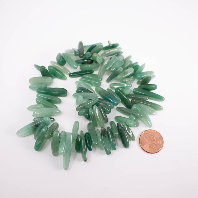 Green Aventurine Stick Beads, 13-26mm Long x 4-6mm Thick, 15 Inch Strand, AAA Natural Gemstone