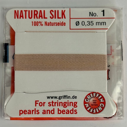 Griffin Natural Silk Bead Cord, 100% Silk Pearl & Bead Stringing Thread with Needle, 2m, No. 1-10 (0.35-0.90mm)