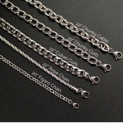 Collection of stainless steel necklaces, chunky cable, curb, cuban, rope, figaro