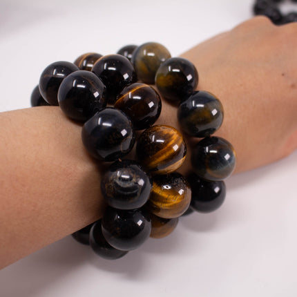 Natural Tiger’s Eye Bracelet, 20mm Large Beads, 11-Bead, Gold & Blue Gemstone, AAA Grade