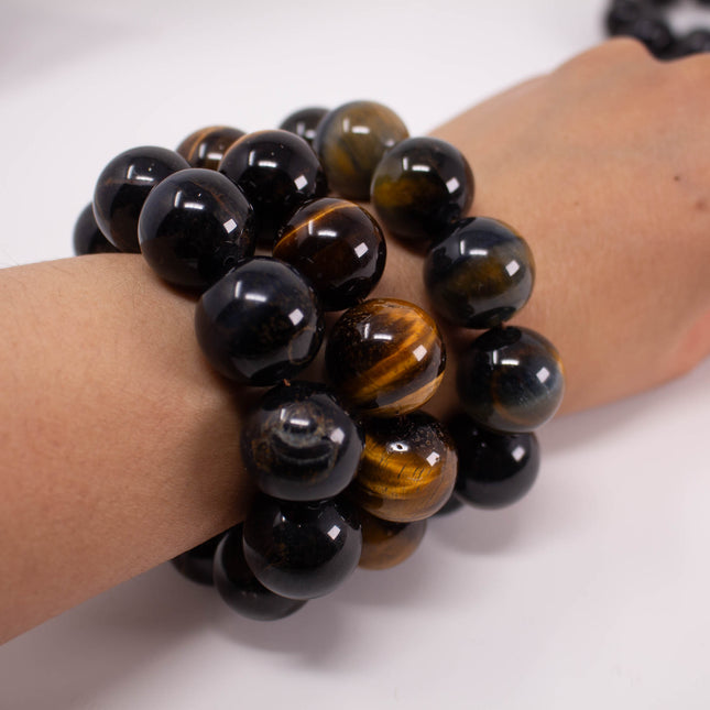 Natural Tiger’s Eye Bracelet, 20mm Large Beads, 11-Bead, Gold & Blue Gemstone, AAA Grade