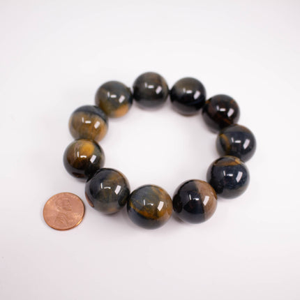 Natural Tiger’s Eye Bracelet, 20mm Large Beads, 11-Bead, Gold & Blue Gemstone, AAA Grade