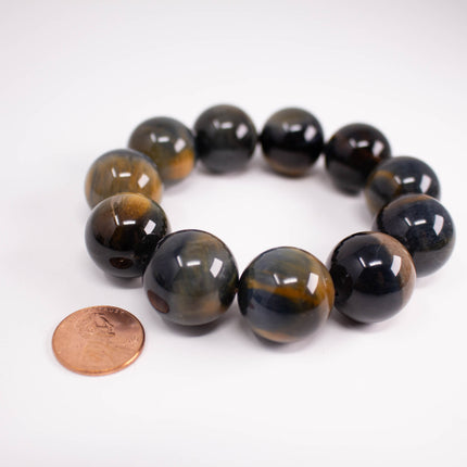 Natural Tiger’s Eye Bracelet, 20mm Large Beads, 11-Bead, Gold & Blue Gemstone, AAA Grade